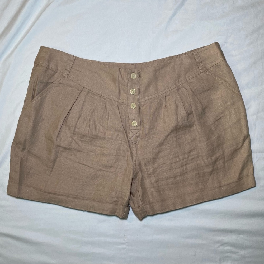 NWOT Brochu Walker Tan Linen Pleated Bermuda Shorts, Size 12 34" Waist